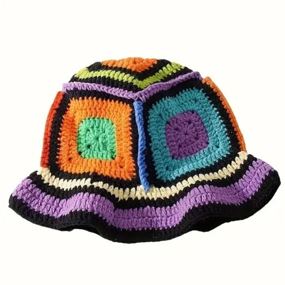Crochet Hat Colorful Handmade Plaid Sun Hat - Picture 6 of 12